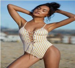 2018 yellow striped triangular bikini swimwear sexy backless strap onepiece swimsuit female bikini5453867