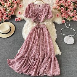 Women Summer Bohemian Chiffon Floral Set Puff Sleeve V Neck Short TopsHigh Waist Aline Maxi Skirts Two Piece Suits 240423