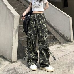 American womens camouflage pants cover loose autumn fashion straight high waisted drawstring pockets wide leg leggings for students 240426