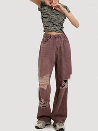 Women's Jeans Multiple Hole Designs Retro Red Cool Girl Trousers Casual Style Bottoms Female Vintage Distressed Pants