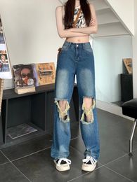 Women's Jeans 2024 Spring Summer Spicy Girl Retro Big Hole Female High Waist Loose Slim Straight Leg Wide Pants