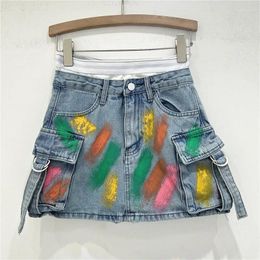 Skirts Spice Girl Printed Denim Skirt Women's Summer American Street Double High Waist Washed Stereo Pocket Workwear Culottes