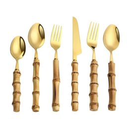 Bamboo Handle Flatware Set Stainless Steel Dinner Knife Fork Dessert Spoon Cutlery Sets7562681