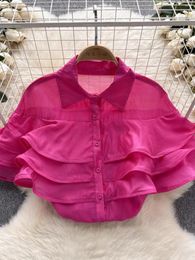 Women's Blouses Summer Women Rose Red/Green/White Ruffle Tops Vintage Turn-Down Collar Short Sleeve Single Breasted Blouse Solid Shirt 2024