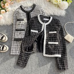 Women's Autumn new fashion o-neck long sleeve houndstooth grid plaid tweed Woollen short OL jacket coat casacos plus size ML 235o