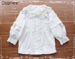 Women's Blouses Cute Neckline Double Layer Lace Shirts For Women Lolita Style Elegant Sweet Cotton Short Sleeve Half Bottoming Shirt 2024