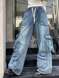 Women's Jeans 2024 Spodnie Y2K Fashion Washed Blue Drawstring Baggy Cargo Pants For Women Clothes Straight Wide Leg Loose Lady Trousers
