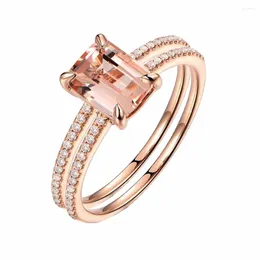 With Side Stones Luxury Rose Gold Square Crystal Zircon Engagement Ring 2 Pcs/set Bridal Wedding Band Rings #268739