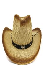 Women Brown Spray Paint Cowboy Straw Hat Belt Metal Scorpion Decor Ladies Wide Brim Sun Visor Cap Casual Beach Sunhat2299139