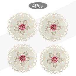 Table Mats 4PCS Silicone Round Embroidered Flower Dining Placemat Cover Kitchen Decortion Heat Insulation Resistant Mat