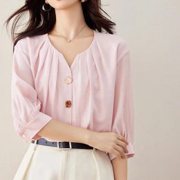Women's Blouses QOERLIN Stylish V Neck Button Up Pink Shirts Women 2024 Summer Half Sleeve Elegant Casual Tops Solid Color Blouse Ladies