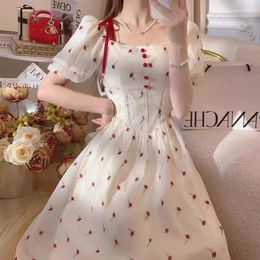 Party Dresses Summer Lace-Up Bow Princess Dress Sweet Square Neck Short Sleeve Floral French Style High Waist Rose Fairy 28107