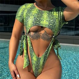 Women's Swimwear Green Snake Skin Print One Piece Sexy Swimsuit Women 2024 Knotted High Cut Bathing Suit Hollow Out Monokini Swim Wear