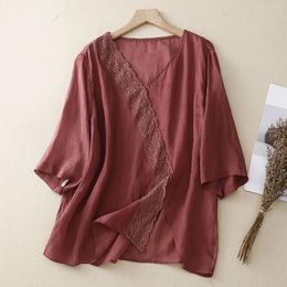 Women's Blouses Women Cotton Linen Shirt V Neck Vintage Solid Loose Half Sleeves Ladies Top Patchwork Ethnic Style Fashion Casual