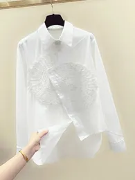 Women's Blouses Blusas Mujer De Moda 2024 Spring Turn Down Collar Heavy Beading Single-breasted Irregular Design Sense Vintage Shirt