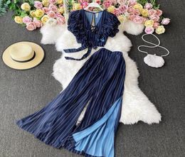 2021 Blue Striped Crop Top Long Pant Two Piece Set Women Summer Sexy Backless Knotted Tops Wide Leg Pants Party 2 Piece Sets1600099