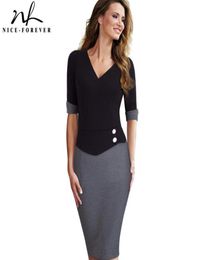 Casual Dresses Niceforever Vintage Mature Patchwork Short Button Sleeve VNeck Wear To Work Bodycon Women Office Pencil Slim Dres7904086