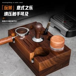 Double Hole Coffee Handle Bracket, Powder Holder, Coffee Appliance Storage Base, Walnut Powder Hammer, Filling and Pressing Pad