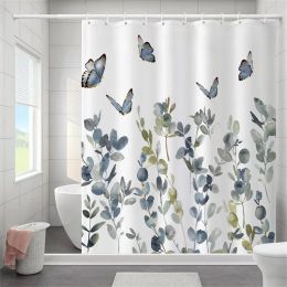 Set Butterfly Floral Bathroom Curtain Elegant Backleaf Shower Curtain Bathroom Polyester Waterproof Fabric Trim Hooks Bath Curtain