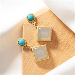 Dangle Earrings S925 Sterling Silver Gilding Square Stud Inlaid Natural Hetian Jade Turquoise White Geometric