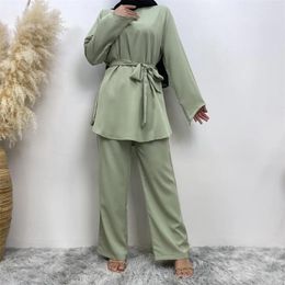 Ethnic Clothing Muslim Women Fashion Women's Turkey Dubai Simple Atmosphere Set Islamic Wide Leg Pants Lace-up Suit
