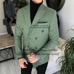 Men's Suits Army Green Male Prom Blazers 2 Pieces Sets Double Breasted Groom Wedding Tuxedos For Men Slim Fit Peaked Lapel Costume Homme