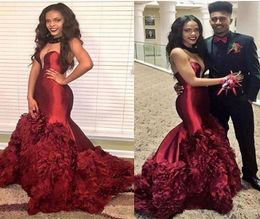 Sexy Burgundy Mermaid Prom Dresses 2016 Plunging Neckline Tiered Ruffles Sweep Train Evening Dresses African Style Formal Party Dr4218010