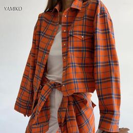 Women's Blouses YAMIKO 2024 Fashion Orange Plaid Shirt Blouse Elegant Lapel Long Sleeve Shirts Vintage Loose Single Breasted Top Female