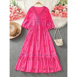 Party Dresses French Chic For Women 2024 V Neck Travel Vacation Embroidery Dress Seaside Print Slimming Beach Female Vestidos Dropship