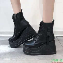 Boots Brand Punk Goth Platform Motorcyle Wedges Women's Lace Up Trendy INS Chain 2024 Casual Luxury Shoes