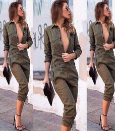 Women039s Jumpsuits Rompers Fashion Cargo Jumpsuit Buckle Belt Military Romper Front Zip Striped Overalls Green Female Long S7857234