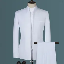 Men's Suits Fashion Boutique Suit Casual White Stand Up Collar Chinese Style 3 Pcs Set Slim Fit Blazers Jacket Coat Pants Vest