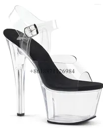 Dress Shoes Transparent Genuine Leather Upper Platform Peep Toe Women Sandals Stiletto Super High Heels 17CM Buckle Strap Nightclub