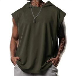 Plus Size Men Tanks Top Hooded Solid Colour Summer Male Sleeveless Sports Loose Fitness Vest Party Sweatshirt 240429