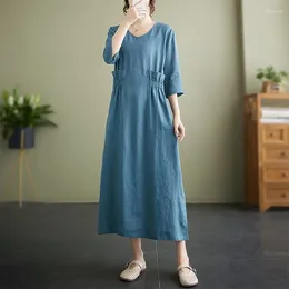 Casual Dresses Women Long Dress Arrival 2024 Summer Vintage Style V-neck Solid Colour Loose Female Cotton A-line B3687