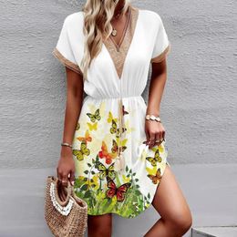 Casual Dresses Women Floral Printed Short Sleeve Deep V Neck Sexy Bandage Elastic Waist Elegant Dress Soft Sundresses