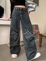 Women's Jeans Street Style Pocket Design For Workwear Pants American High Waisted Washed Hip-hop Loose Fitting Wide Leg Long Women