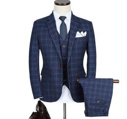 Brand Quality Suit Men Slim Fit Plaid Suits For Work Blue Burgundy Tuxedo Jacket Mens 3 Piece Grey Wedding Dress Men039s Blaz9432649