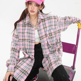 Women's Blouses Tawaaiw Pink Plaid Women Shirt Long Sleeve Spring Autumn Tops Korean Fashion Couple Single Breasted Removable Blouse Loose