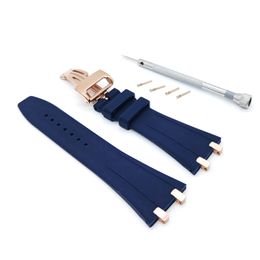 27mm Dark Blue Silicone Band 18mm Rose Gold Strainless Folding Strap For AP Royal Oak 15400 15390 39mm 41mm Models Watch