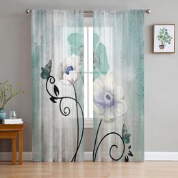 Curtain Watercolor Flowers Plants Butterflies Blue Green Tulle Curtains For Living Room Bedroom Children Decor Sheer