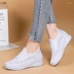 Casual Shoes For Women 2024 Spring And Autumn Women's Vulcanize Round Toe Net Cloth Breathable Mid Heel Lace Up