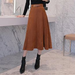 Skirts Women Suede Large Swing A-line Skirt For Autumn Winter High Waist Retro Puffy Long Thicken Warm With Belt Dropshiping
