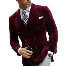 Mens Burgundy Double Breasted Velvet Blazer Dinner Jacket Elegant Coat Smoking Suit 2021 Arrival Men's Suits & Blazers 2636