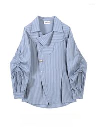 Women's Blouses Hong Kong Style Retro Long-sleeved Blue Striped Shirts Trendy Spring Autumn Large Size Loose Casual Chic Pleated Blouse