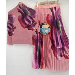 Work Dresses Miyake Style Pleated 2 Piece Set Autumn Printed Corn Loose T-shirt Fashion High Waist Skirt Suit For Women