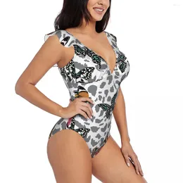 Women's Swimwear Women Butterflies Flying On Animal Leopard Skin One Piece Sexy Ruffle Swimsuit Summer Beach Wear Slimming Bathing Suit
