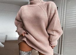 Autumn and winter knit sweater dress midlength longsleeved raglan sleeves half high collar5907964