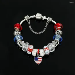 Charm Bracelets American Flag Crystal Beads Bracelet Heart USA Enamel Pendant Bangle 4th Of July Independence Day Fashion Accessories