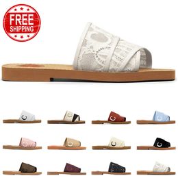 free shipping women sandals designer woody mules flat slides Light tan beige white pink gold lace Lettering Fabric canvas slippers womens summer outdoor shoes